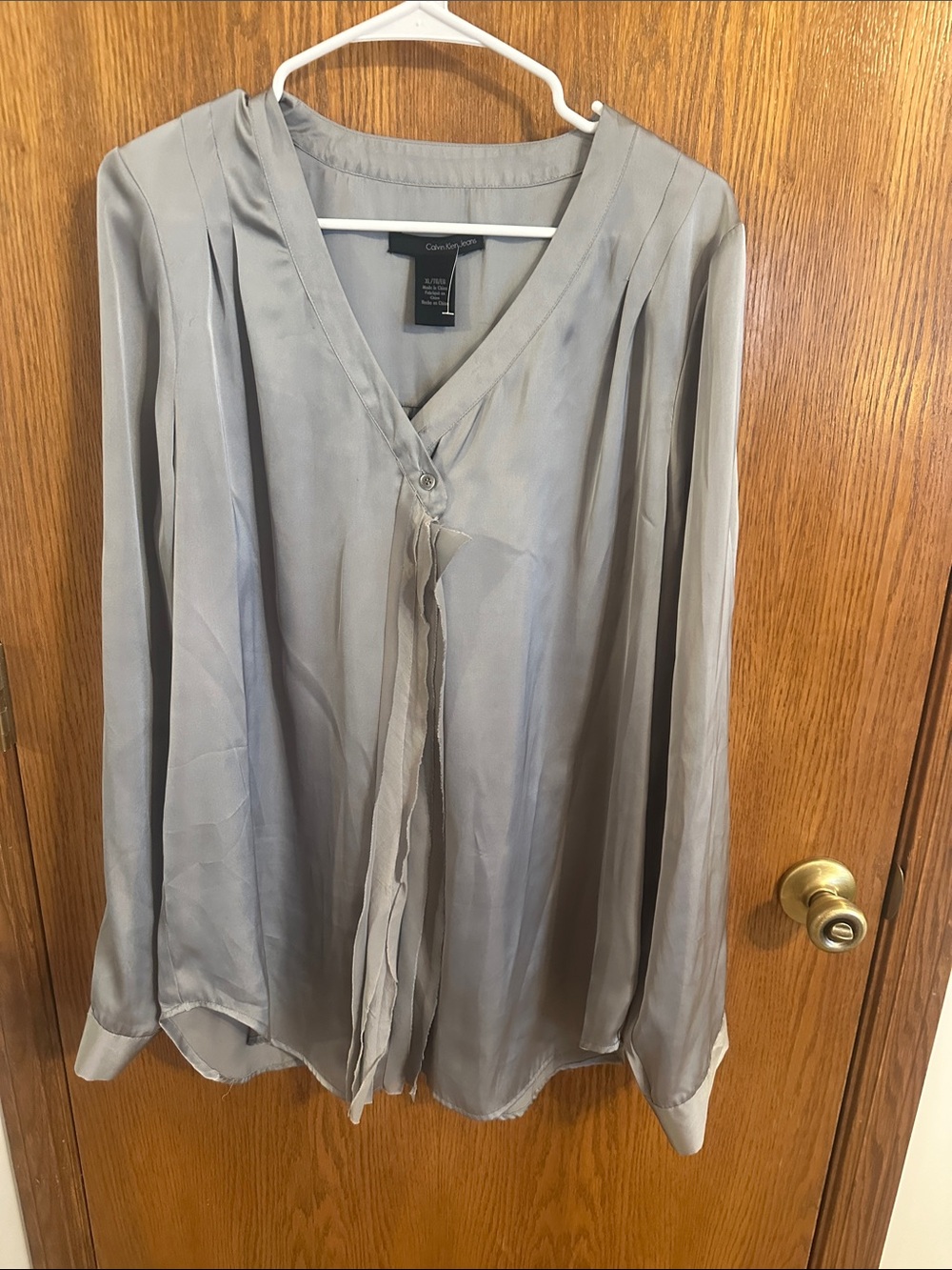Calvin Klein Gray Satin V-Neck Pleated Blouse